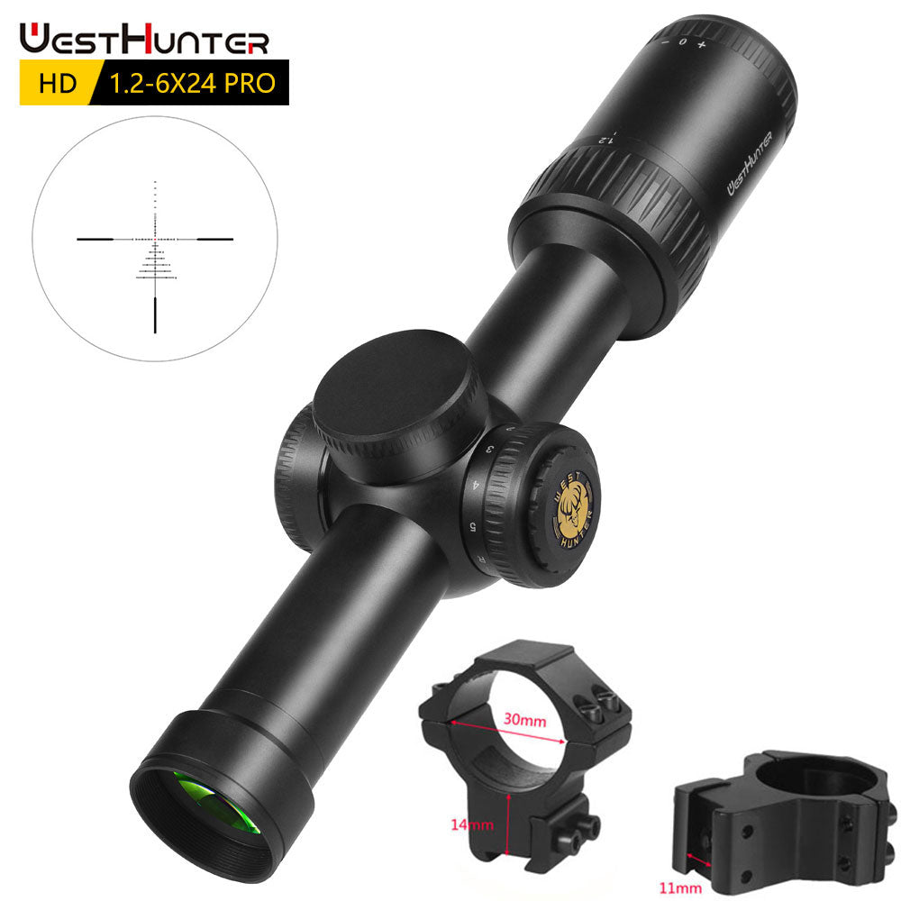 Mira compacta WestHunter HD 1.2-6X24 IR Pro con retícula grabada en vidrio e iluminación roja y verde 